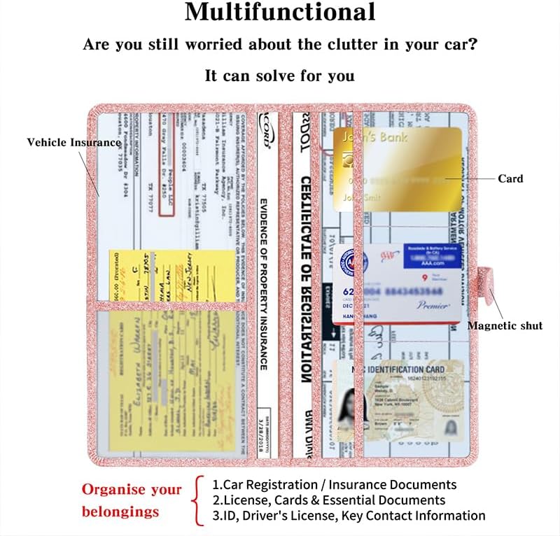 TILDOSAC 2 Ppack Leather Car Registration and Insurance Card Holder, Car Document Holder for Cards License with Magnetic Shut(Glitter Pink-Ear - Image 5